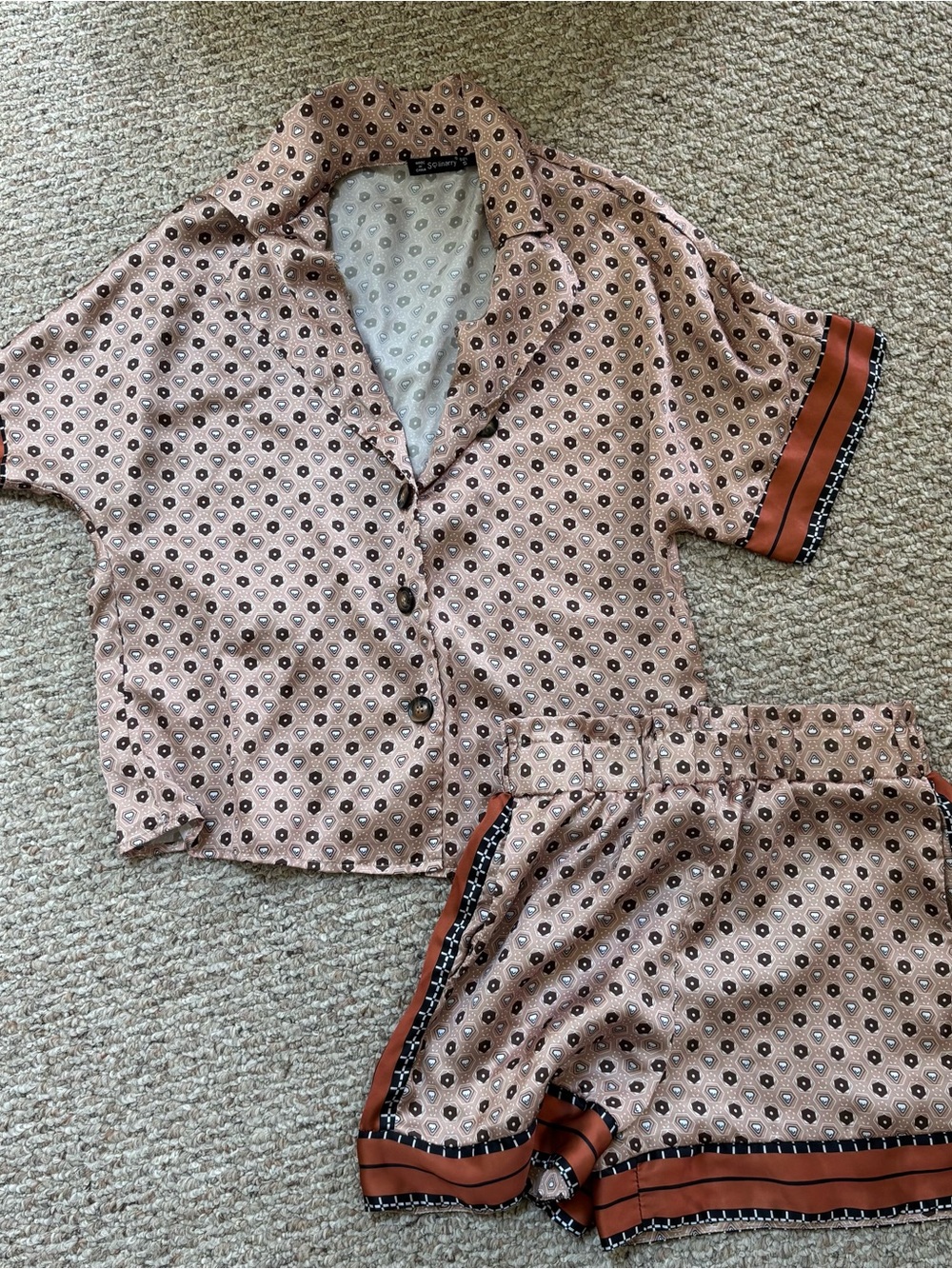 SHEIN Tan Floral Print Short Pajama Set with Rust Trim